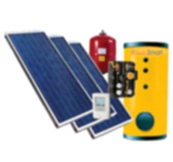 Solar thermal flat-plate collectors with storage tank and pump station